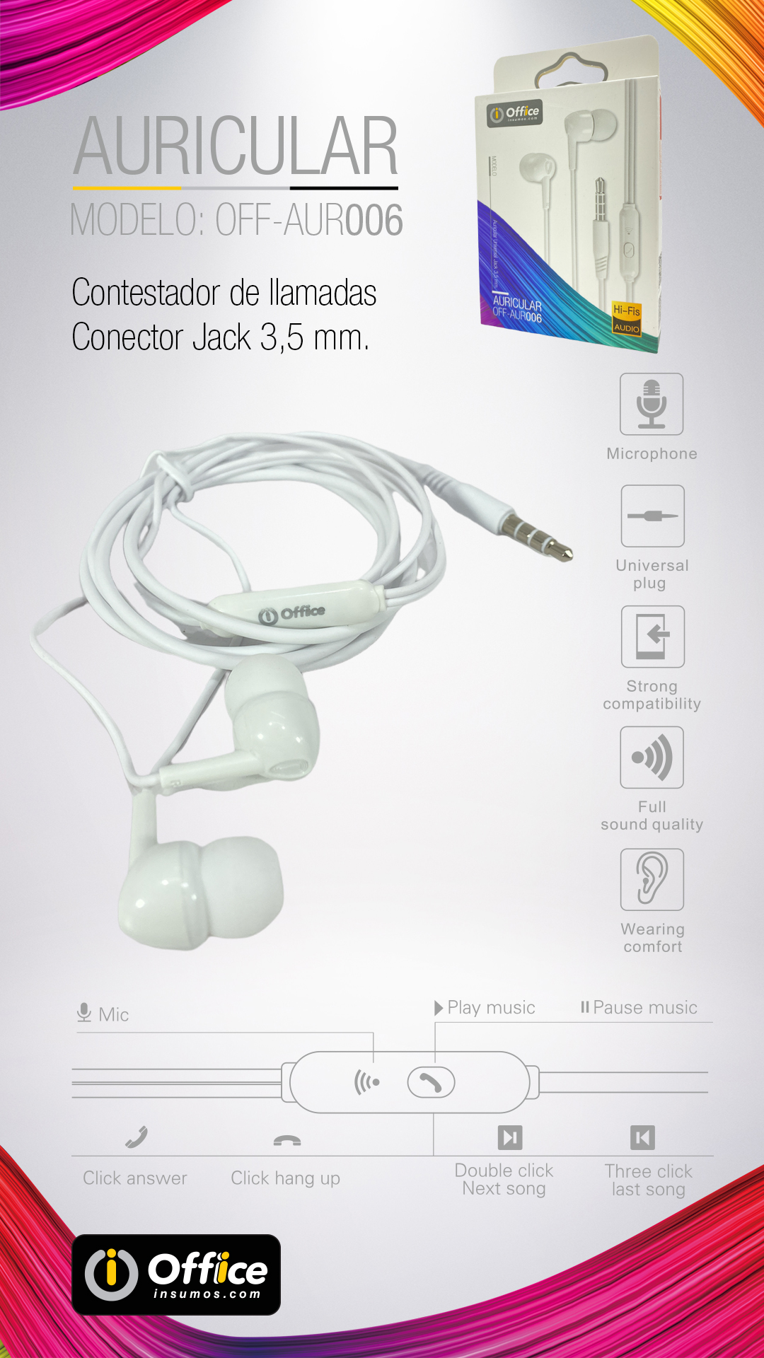 AURICULAR IN EAR PLUG 3.5 OFF-AUR006 BLANCO  OFFICE