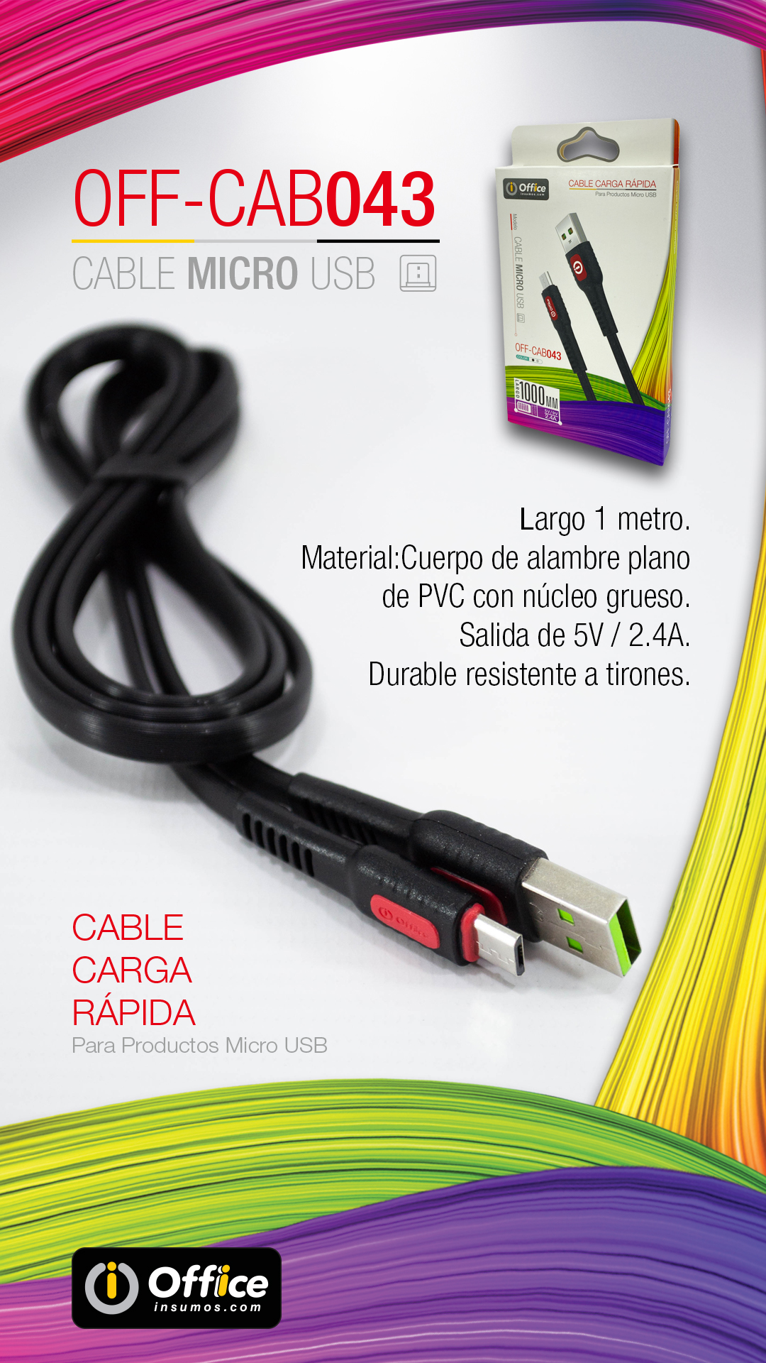 CABLE USB 2.0 A MICRO USB 1.00 MTS OFF-CAB043 2.4 AMP NEGRO FLAT PLANO - CABLE08856