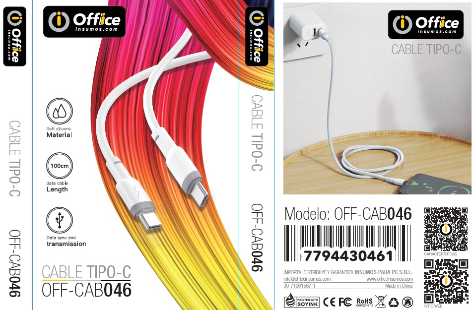 CABLE TIPO C A TIPO C 1.0 MTS 2.4AMP OFF-CAB046 BLANCO OFFICE - CABLE09008
