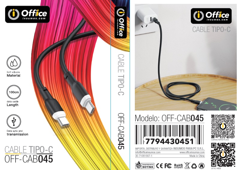 CABLE TIPO C A TIPO C 1.0 MTS 2.4AMP OFF-CAB045 NEGRO OFFICE - CABLE09010