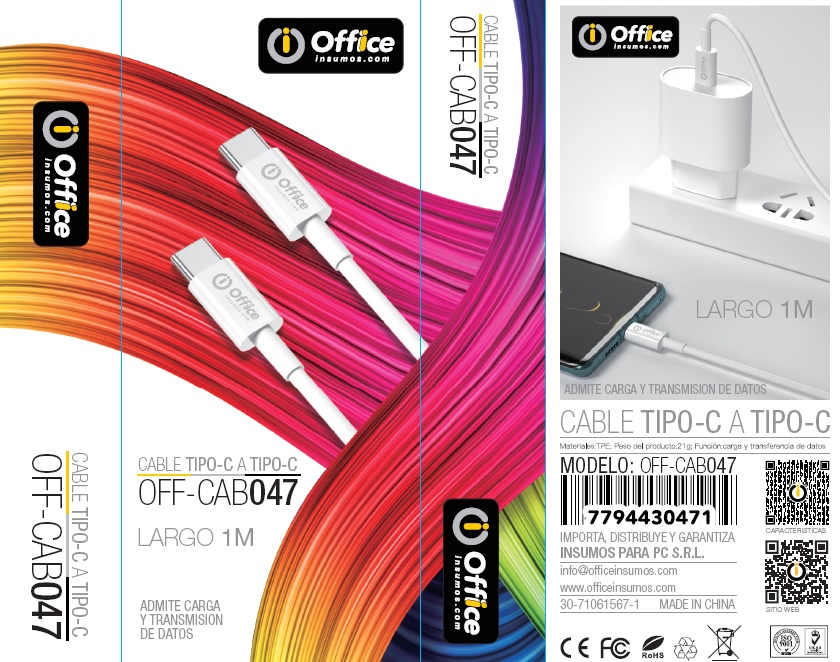 CABLE TIPO C A TIPO C 1.0 MTS RAPID 60W OFF-CAB047 BLANCO OFFICE - CABLE09013