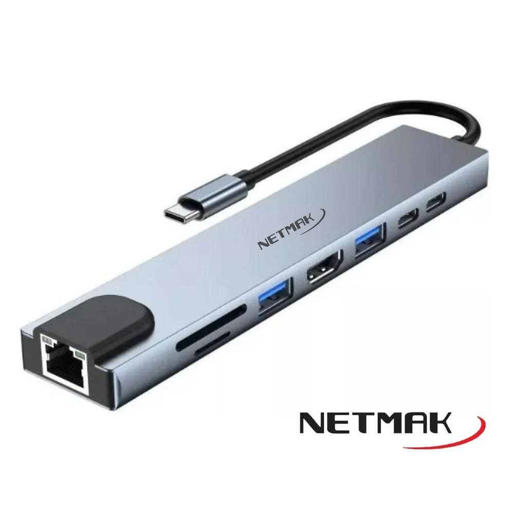 HUB ADAPTADOR TIPO C  8 EN 1  NM-8EN1
1X PUERTO USB C - PERMITE CARGAR TU DISPOSITIVO
1X PUERTO HDMI 4K@30HZ
1X PUERTO VGA
1X PUERTO RJ45 LAM
1X PUERTO MICRO SD
1X PUERTO SD
NETMAK