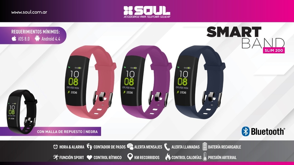 RELOJ SMART BAND BT SLIM200 NEGRO/ROSA - SOUL - SMW-C30NERS - RELOJ09132