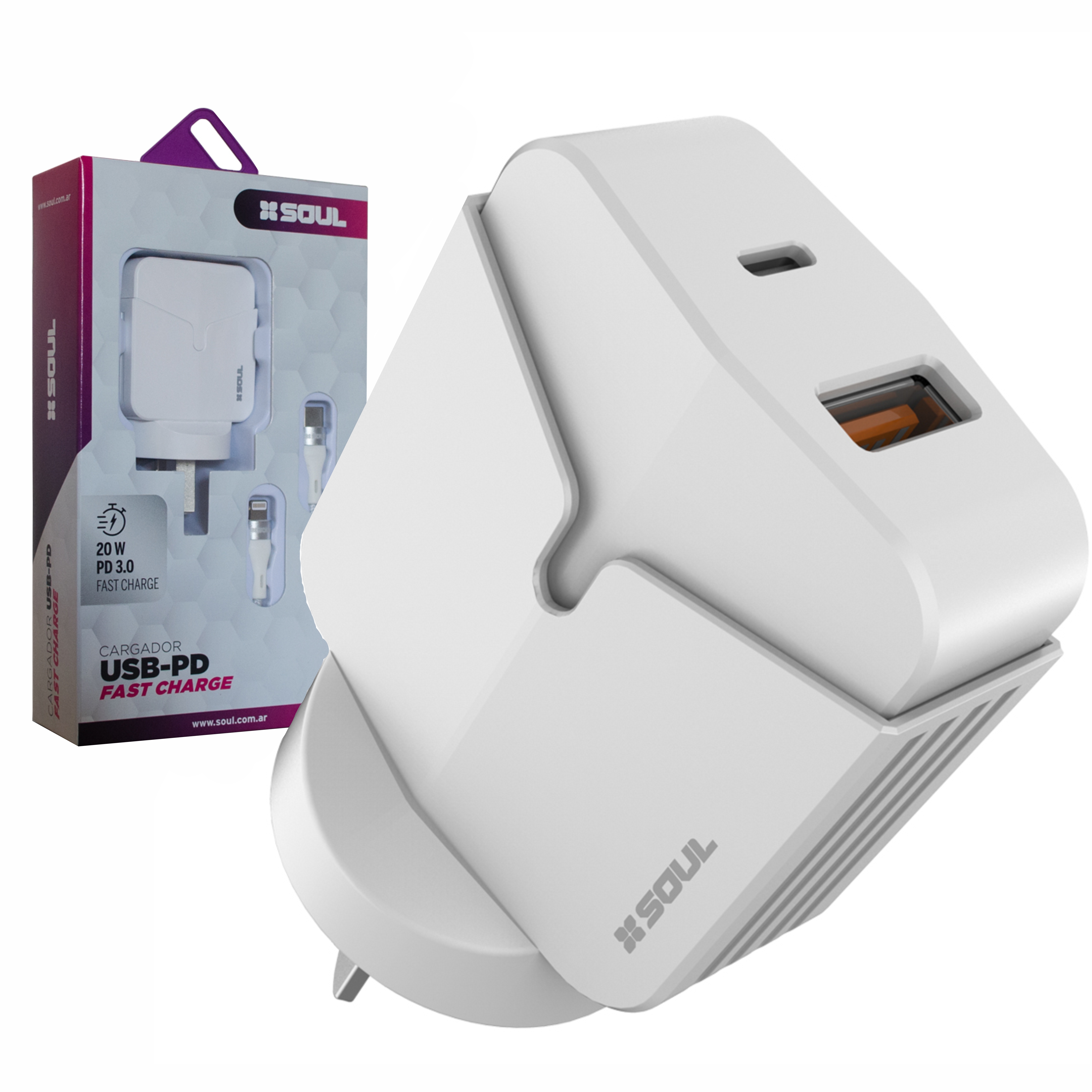 CARGADOR 220V A USB+PD CARGA RAPIDA C/CABLE TIPO C SOUL CVQ-PDTCFC - CARGADOR09155