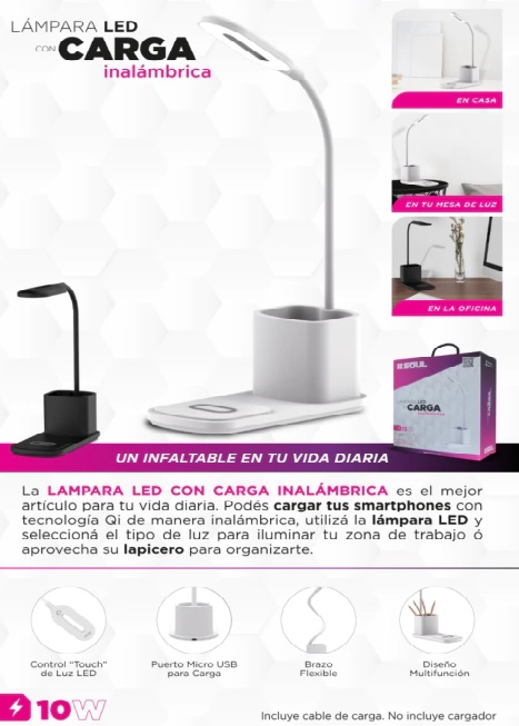 LAMPARA LED 15W C/CARGADOR INALAMBRICO BLANCO - BASE-Q100BL - SOUL - CARGADOR09468