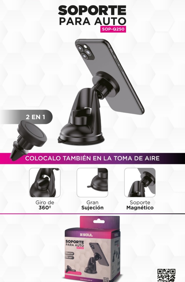 SOPORTE UNIVERSAL AUTO C2EN1 MAGNETICO Q250 NEGRO SOUL SOP-Q250 - SOPORTE09669