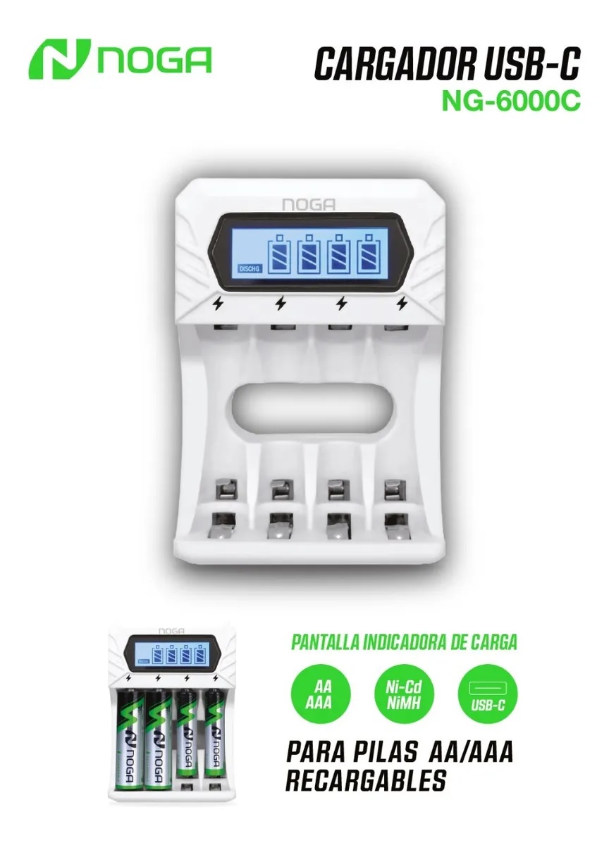 CARGADOR DE PILAS AA /  AAA -  NG-6000C TIPO C  CON PANTALLA - ALIMENTACION USB - NOGA NET