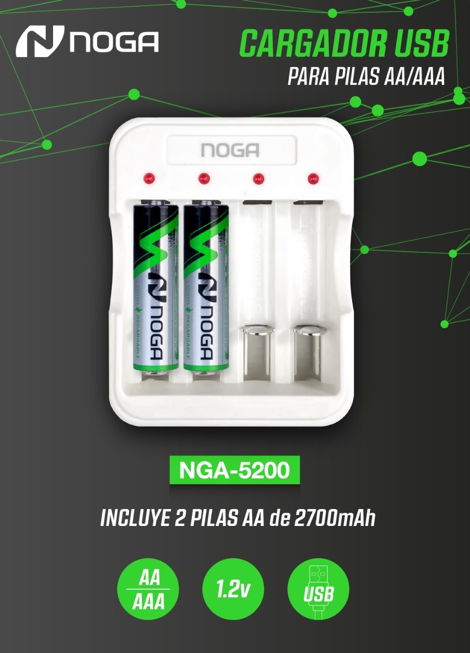 CARGADOR DE PILAS AA /  AAA + 2 PILAS AA-  NGA-5200 - ALIMENTACION USB - NOGA NET