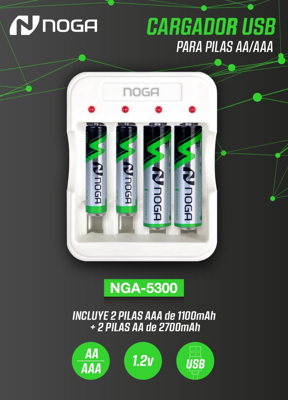 CARGADOR DE PILAS AA /  AAA + 2 PILAS AA + 2 PILAS AAA -  NGA-5300 - ALIMENTACION USB - NOGA NET