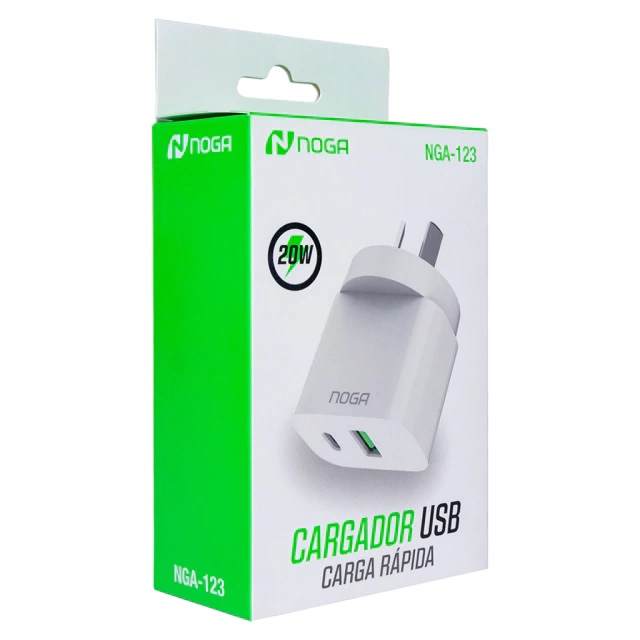 CARGADOR 220V NGA-123 2 PORT USB-C + USB 20W CARGA RAPIDA  NOGANET