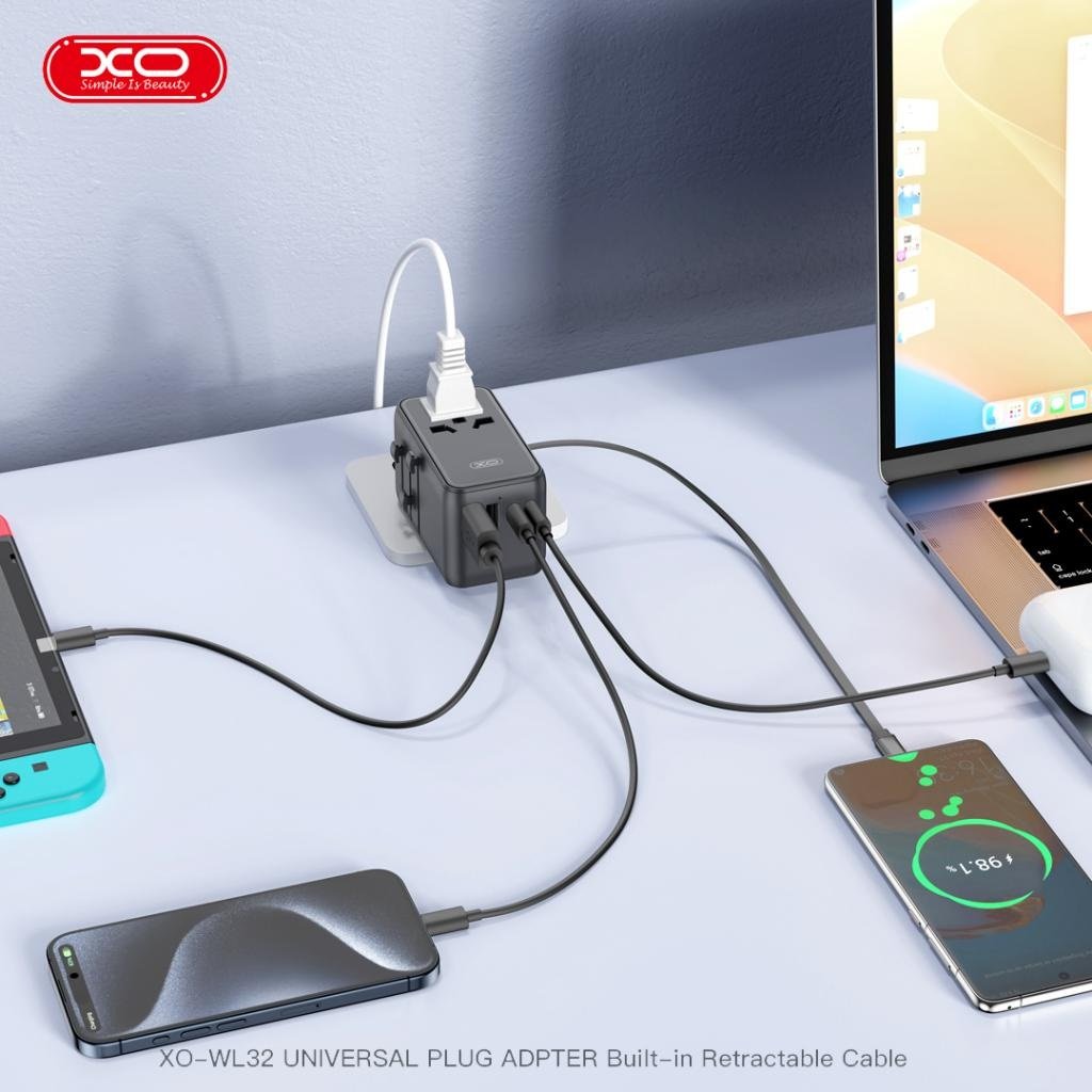 CARGADOR 220V VIAJERO XO-WL32 60W MULTIPLES TOMAS TIPO C RETRACTIL