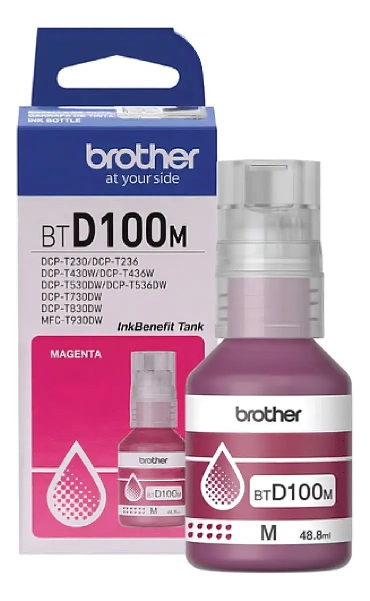 TINTA BROTHER BTD100MME MAGENTA 48.8ML ULTRA ALTO RENDIMIENTO 5000 PÁG. 
IMPRESORAS MULTIFUNCION MFC-T930DW, DCP-T830DW, DCP-T730DW, DCP-T530DW, DCP-T430W Y DCP-T230