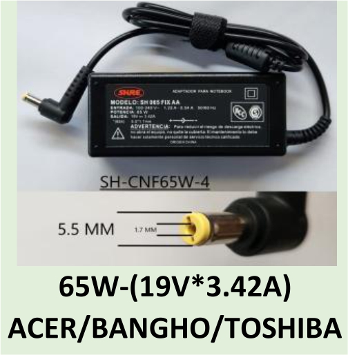 CARGADOR NOTEBOOK SH-CNF65W-4  LENOVO,ACER, BANGHO,TOSHIBA, CX, BGH 19V 3.42 AMP  TIP 5.5 X 1.7 MM