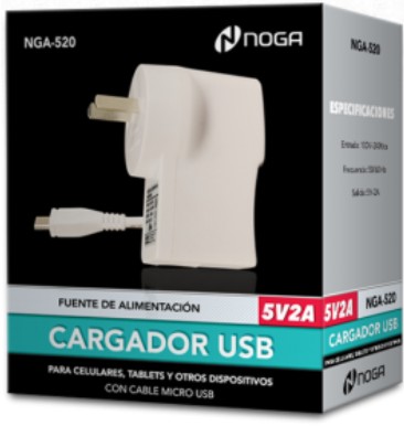 CARGADOR 220V A MICRO USB NGA-520 2.0 AMP 5V CON CABLE PARA TABLET Y CELU  - NGA-520  - NOGA NET