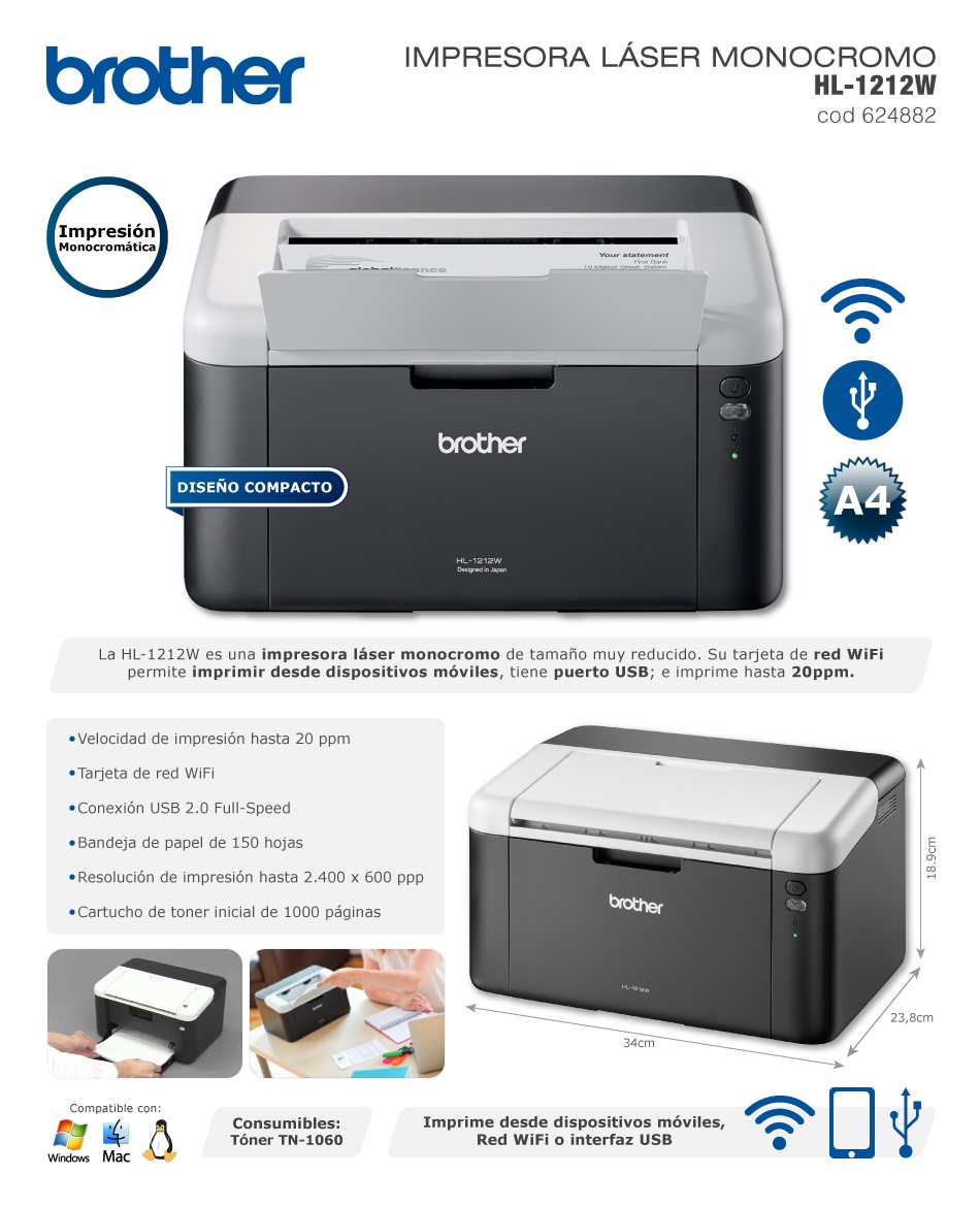 IMPRESORA LASER BROTHER HL-1212W WIFI