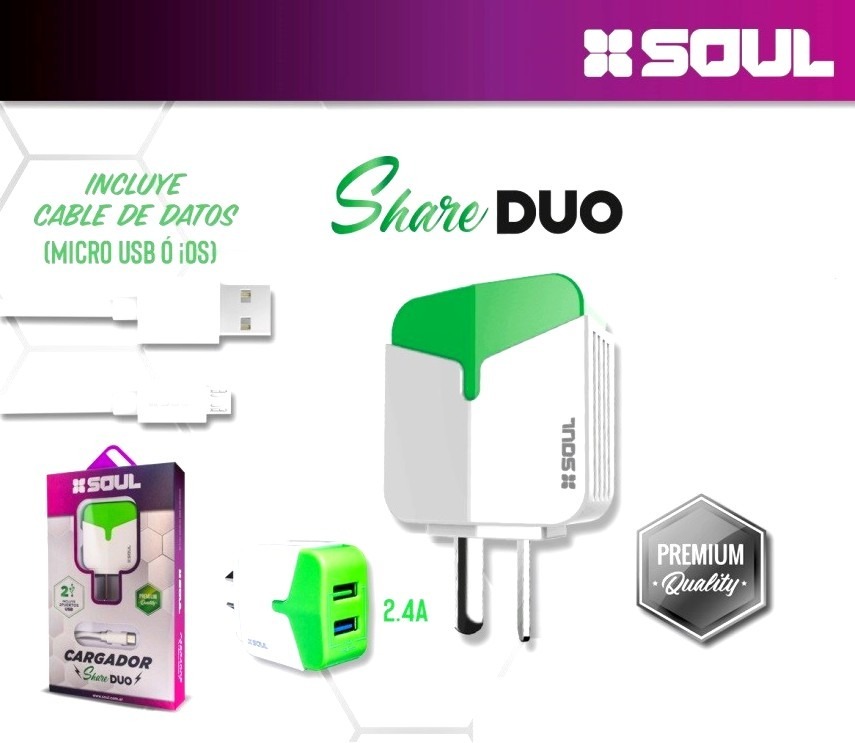 CARGADOR 220V A USB 2 PORT C/CABLE MICRO (CVQ-USB2M) HEMBRA 2.4 AMP C/CABLE MICRO USB - SOUL