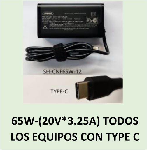CARGADOR NOTEBOOK SH-CNF65W-12 ACER/ASUS/TOSHIBA/ LENOVO / DELL / HP / COMPAQ /SAMSUNG - 20V/3,25A TYPE C