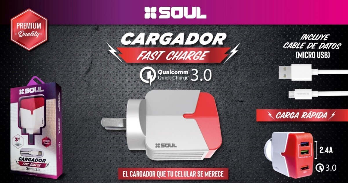 CARGADOR 220V A USB 3 PORT C/CABLE MICRO ROJO (USB3FCM)   HEMBRA 3.4 AMP FAST CHARGE - QUALCOMM® 3.0 C/CABLE MICRO USB CVQ-USB3FCM  - SOUL
