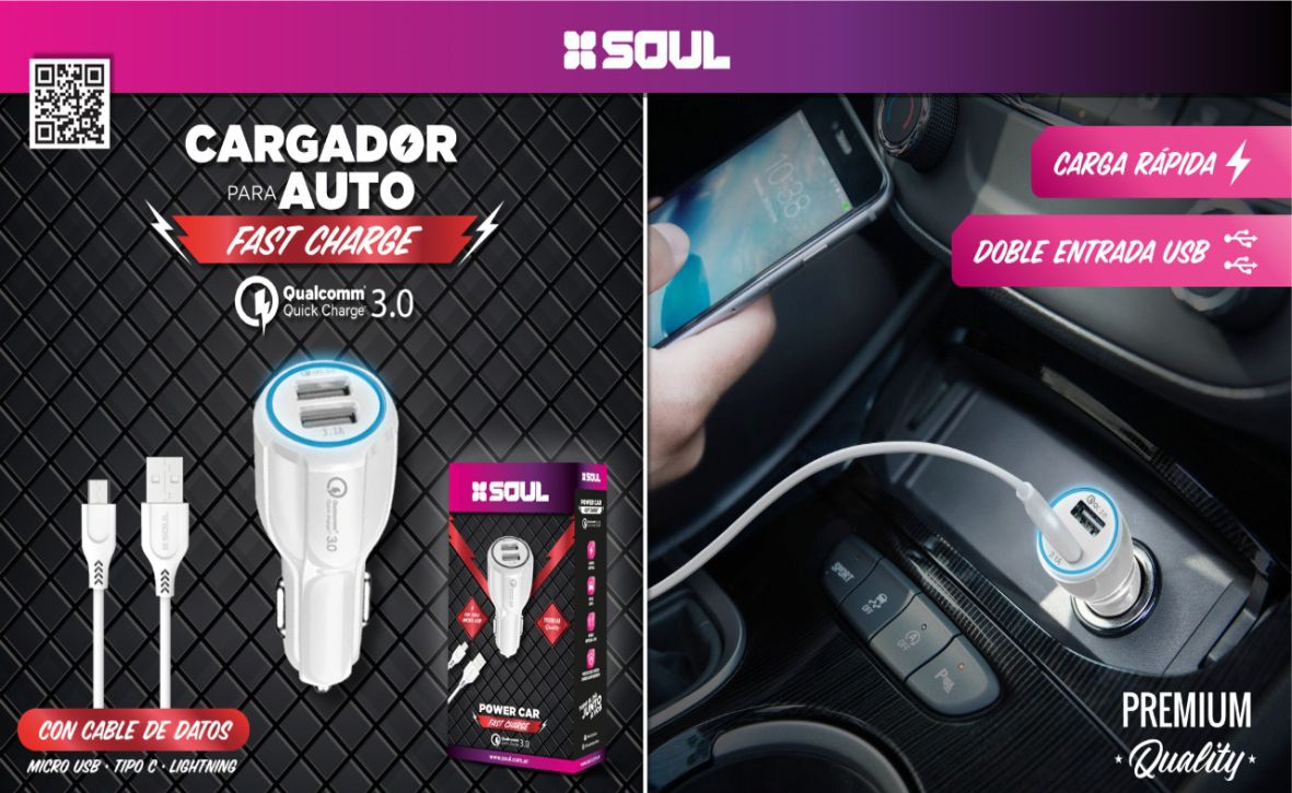 CARGADOR 12V A 2 USB 2.1AMP IPHONE QUALCOMM 3.0 SOUL - CA-USBDUALFCL SOUL - CARGADOR07937