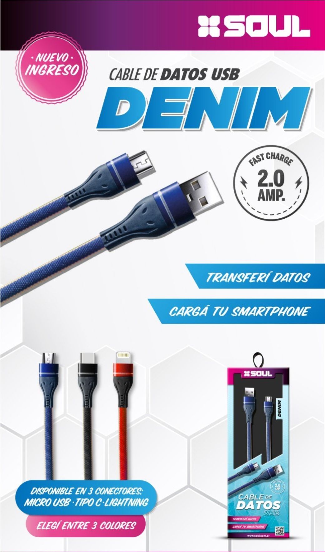 CABLE USB 2.0 A MICRO USB DENIM ROJO SOUL - USB-DEMICROR - CABLE07979