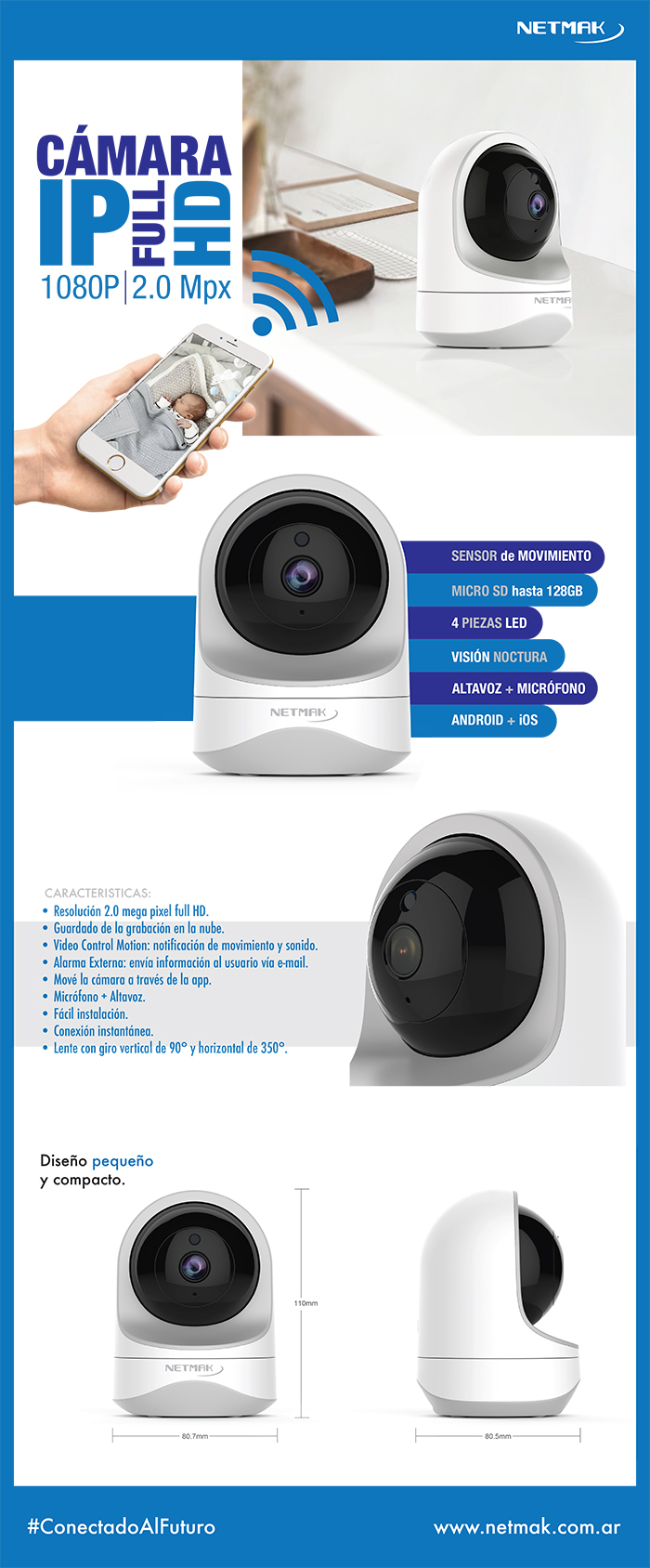 CAMARA IP NETMAK WIFI NM-IPCAM FULL HD 2MP C/MOVIMIENTO - CAMARA08054